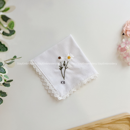 Sunny Daisy Wedding Handkerchief, Custom Embroidered Handkerchief, Linen Handkerchiefs
