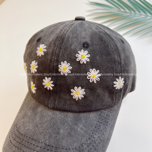 Daisy Meadow Summer Hand Embroidery Hat Vintage Hat Washed Baseball Cap