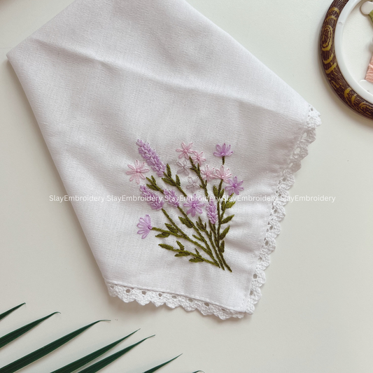 Lavender & Cosmos Wedding Handkerchief, Custom Embroidered Handkerchief, Linen Handkerchiefs