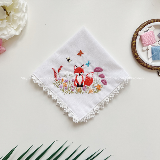 Fox & Flowers Wedding Handkerchief, Custom Embroidered Handkerchief, Linen Handkerchiefs