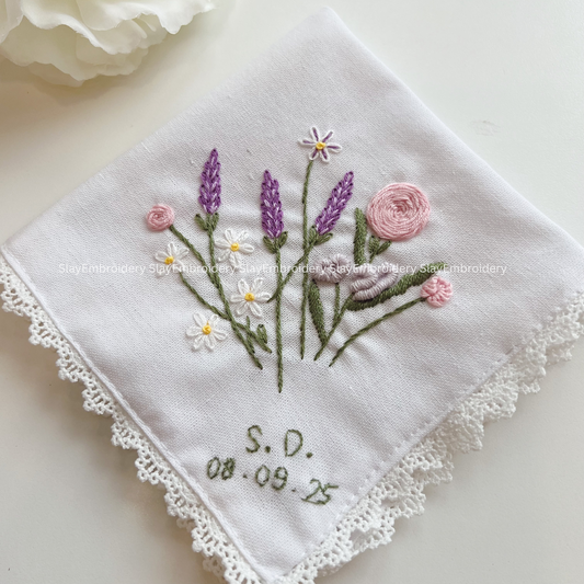 Cottage Garden Wedding Handkerchief, Custom Embroidered Handkerchief, Linen Handkerchiefs
