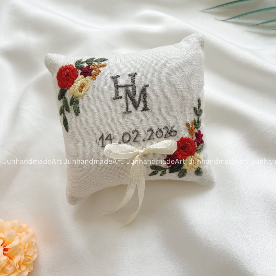 Blooming Flowers Bearer Pillow Linen Wedding Cushion Hand Embroidery Ring Holder Floral Ring Pillow Wedding Gift