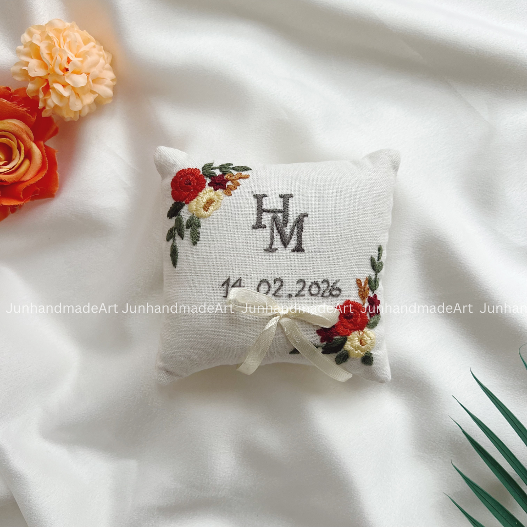 Blooming Flowers Bearer Pillow Linen Wedding Cushion Hand Embroidery Ring Holder Floral Ring Pillow Wedding Gift