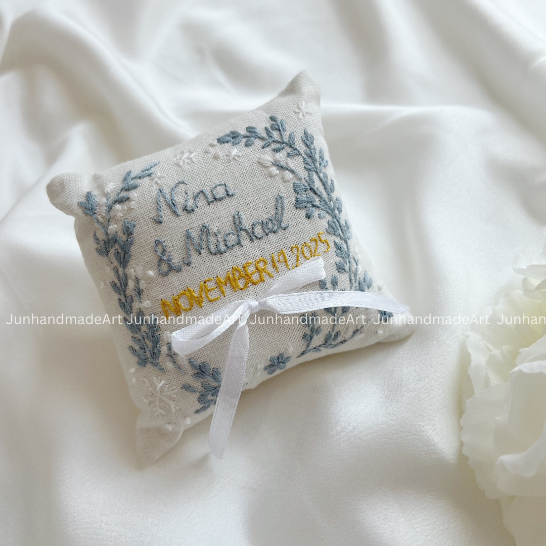 Dedicate Flowers Wreath Bearer Pillow Linen Wedding Cushion Hand Embroidery Ring Holder Floral Ring Pillow Wedding Gift