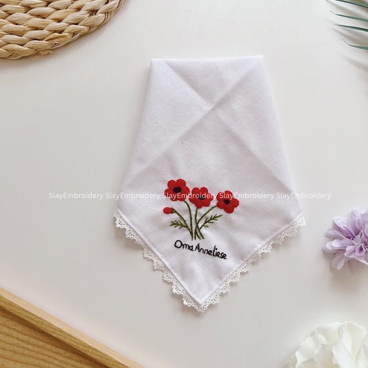 Scarlet Poppy Wedding Handkerchief, Custom Embroidered Handkerchief, Linen Handkerchiefs