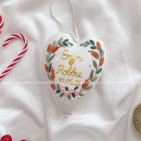 Holiday Wreath Christmas Heart Ornament – Hand Embroidered Linen Floral Ornament – Custom Christmas Gift Decoration