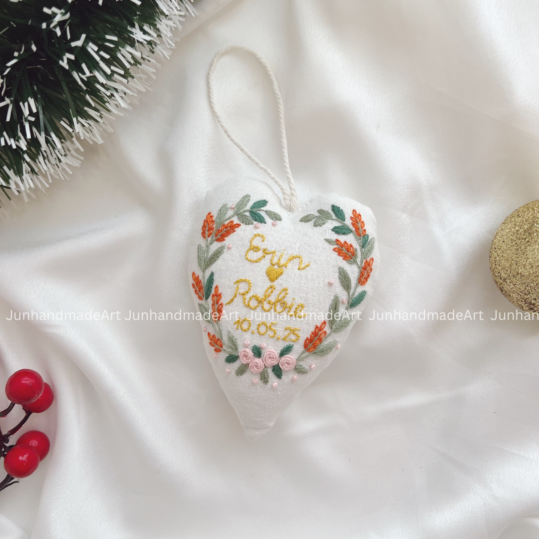 Holiday Wreath Christmas Heart Ornament – Hand Embroidered Linen Floral Ornament – Custom Christmas Gift Decoration