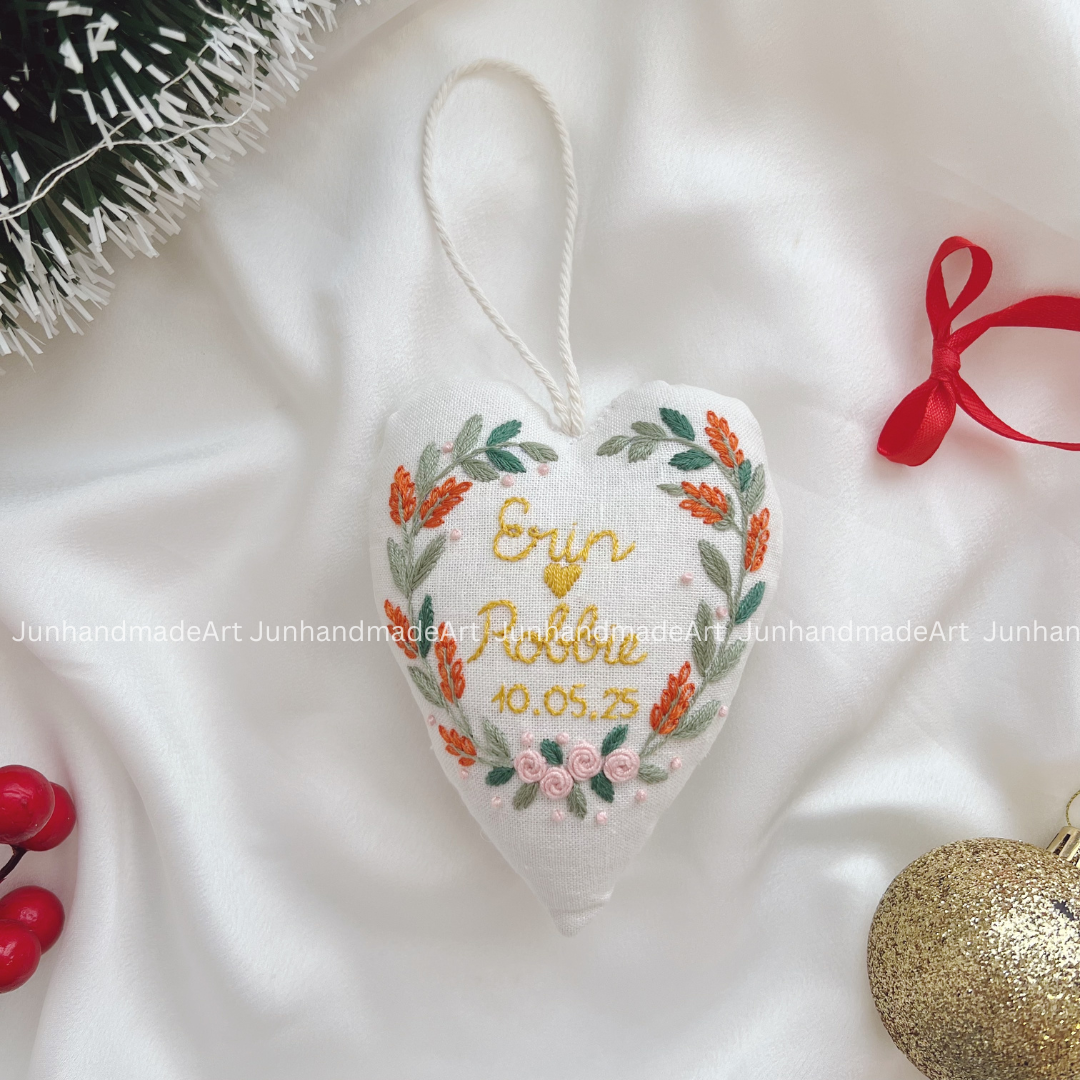Holiday Wreath Christmas Heart Ornament – Hand Embroidered Linen Floral Ornament – Custom Christmas Gift Decoration