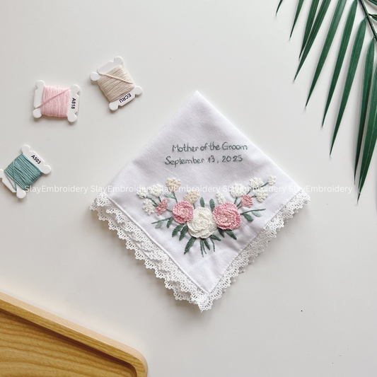 3D Pink Roses Wedding Handkerchief, Custom Embroidered Handkerchief, Linen Handkerchiefs