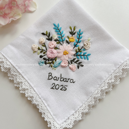 Rosy Meadow Wedding Handkerchief, Custom Embroidered Handkerchief, Linen Handkerchiefs