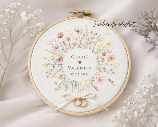 Custom Wedding Embroidery Hoop with Flowers and Names – Personalized Hand Embroidered Wildflowers Gift for Couple, Anniversary