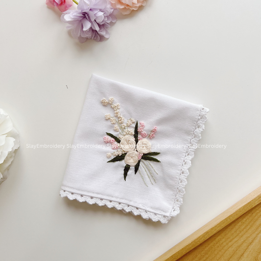 Rose Wedding Handkerchief, Custom Embroidered Handkerchief, Linen Handkerchiefs