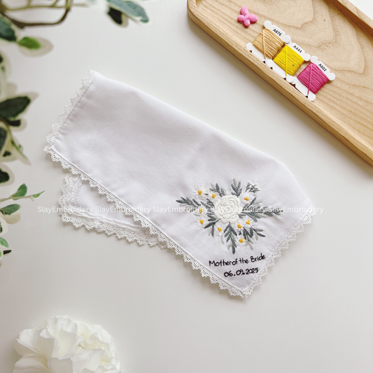 White Blossom Wedding Handkerchief, Custom Embroidered Handkerchief, Linen Handkerchiefs