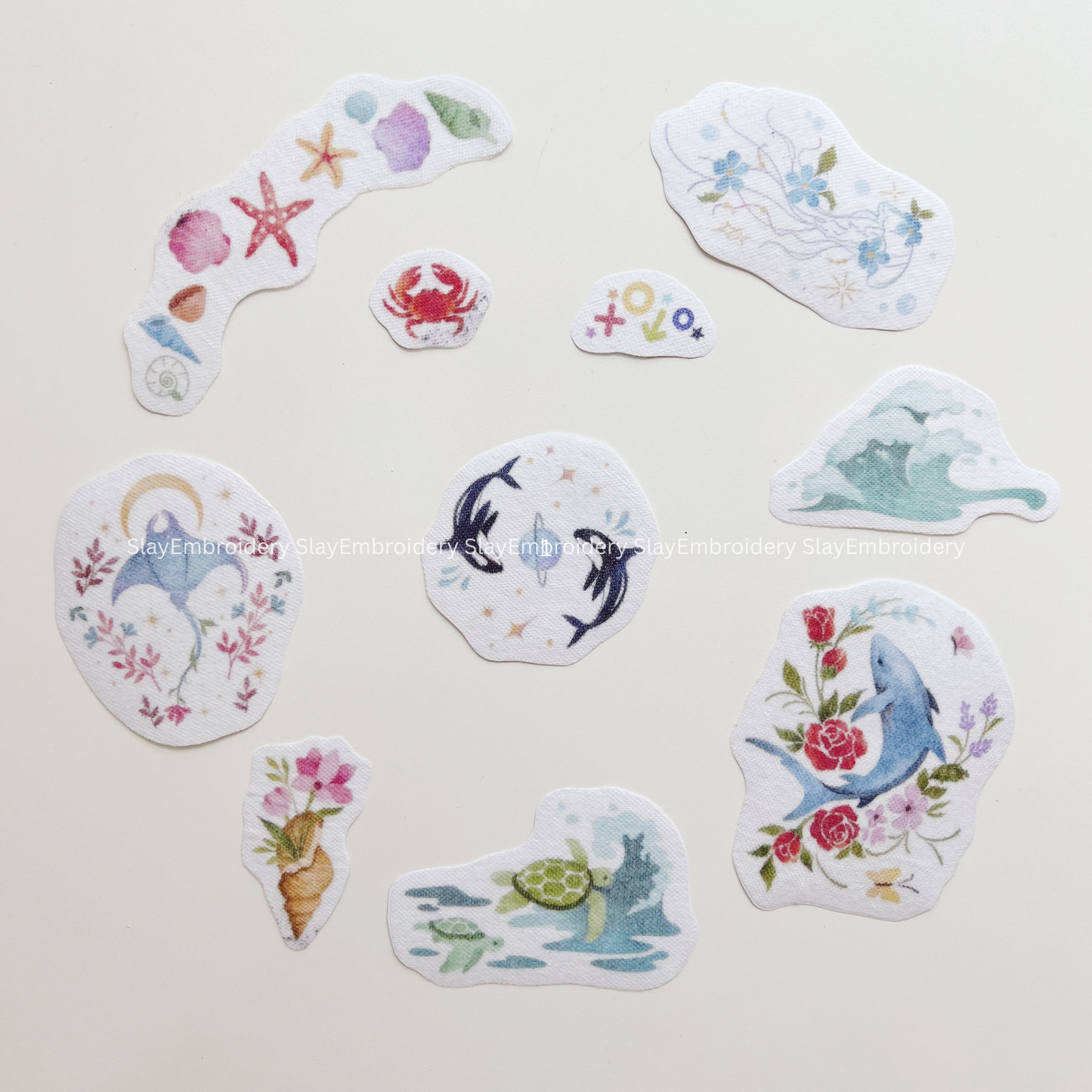 Blue Dolphin Whale Shark Ocean Animals Embroidery Pattern For Beginner Easy To Use Stick and Stitch