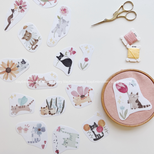 Cat & Flower Embroidery Pattern For Beginner Easy To Use Stick and Stitch