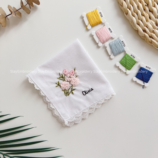 Rosy Daydream Wedding Handkerchief, Custom Embroidered Handkerchief, Linen Handkerchiefs