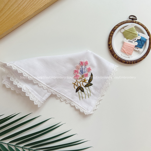 Pink Flower Wedding Handkerchief, Custom Embroidered Handkerchief, Linen Handkerchiefs