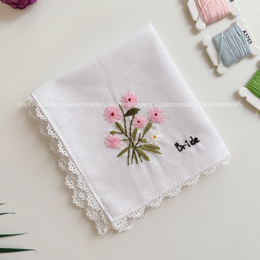 Rosy Symphony & White Note Wedding Handkerchief, Custom Embroidered Handkerchief, Linen Handkerchiefs