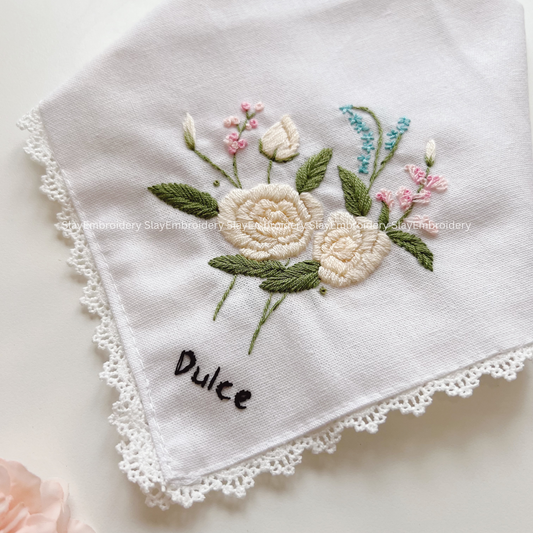 White Roses Wedding Handkerchief, Custom Embroidered Handkerchief, Linen Handkerchiefs