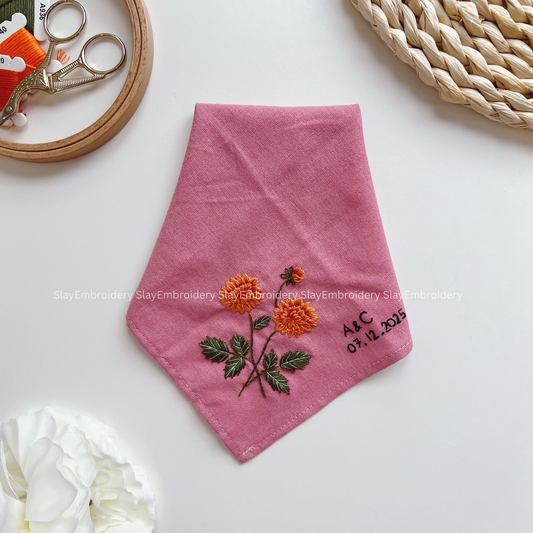 Dahlia Whispers Wedding Handkerchief, Custom Embroidered Handkerchief
