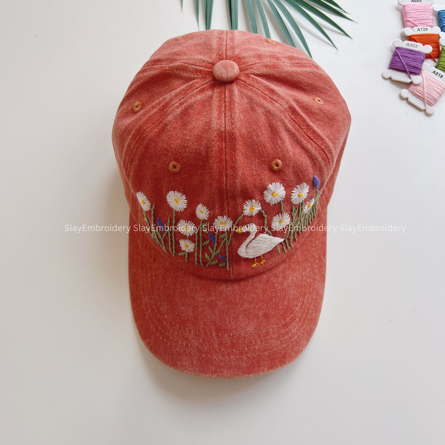 Duck In The Daisy Rose Garden Summer Hand Embroidery Hat Vintage Hat Washed Baseball Cap