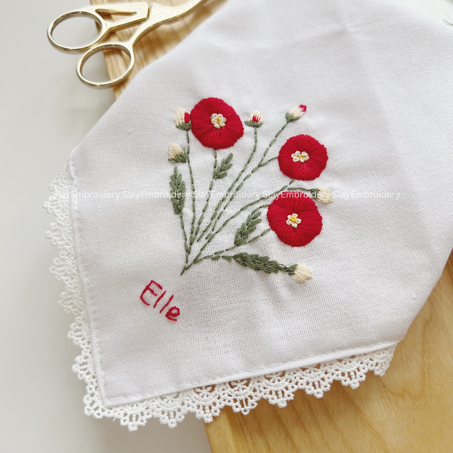 Poppy Garden Wedding Handkerchief, Custom Embroidered Handkerchief, Linen Handkerchiefs