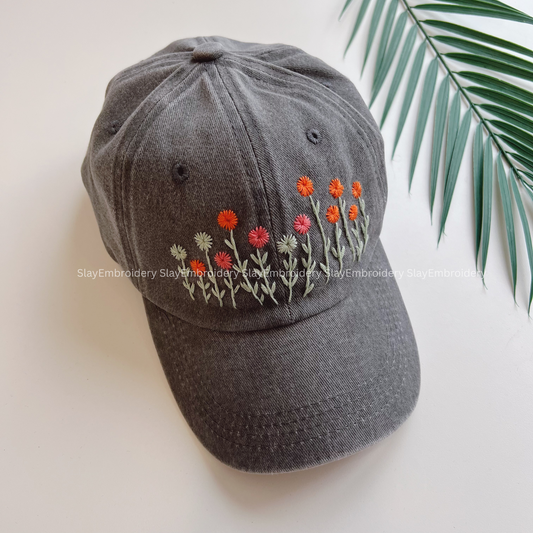 Rose & Daisy Bloom Summer Hand Embroidery Hat Vintage Hat Washed Baseball Cap