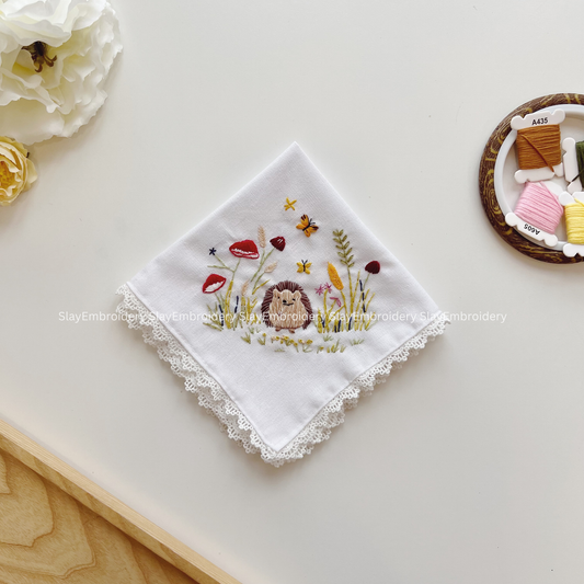 Hedgehog & Mushroom Wedding Handkerchief, Custom Embroidered Handkerchief, Linen Handkerchiefs