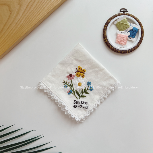 Morning Daisy Wedding Handkerchief, Custom Embroidered Handkerchief, Linen Handkerchiefs