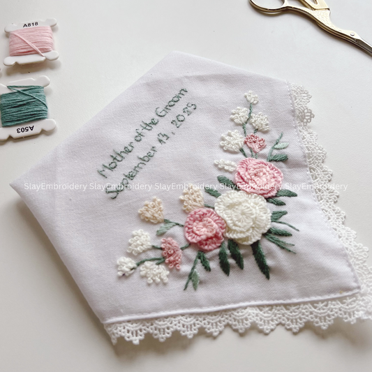 3D Pink Roses Wedding Handkerchief, Custom Embroidered Handkerchief, Linen Handkerchiefs