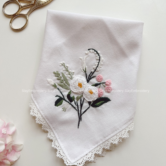 Gentle Blossoms Wedding Handkerchief, Custom Embroidered Handkerchief, Linen Handkerchiefs