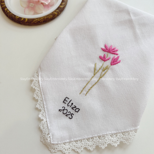 Pink Flame Wedding Handkerchief, Custom Embroidered Handkerchief, Linen Handkerchiefs