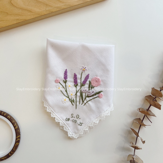 Cottage Garden Wedding Handkerchief, Custom Embroidered Handkerchief, Linen Handkerchiefs