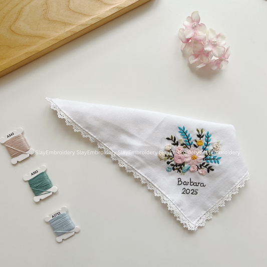 Rosy Meadow Wedding Handkerchief, Custom Embroidered Handkerchief, Linen Handkerchiefs