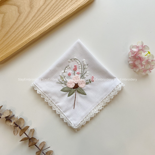 Rose Blooming Wedding Handkerchief, Custom Embroidered Handkerchief, Linen Handkerchiefs