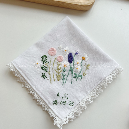 Pastel Field Wedding Handkerchief, Custom Embroidered Handkerchief, Linen Handkerchiefs