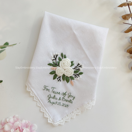White Rose Garden Wedding Handkerchief, Custom Embroidered Handkerchief, Linen Handkerchiefs