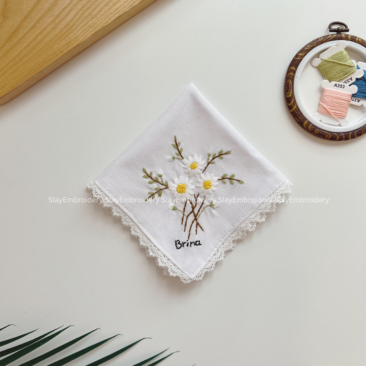 Daisy Whisper Wedding Handkerchief, Custom Embroidered Handkerchief, Linen Handkerchiefs