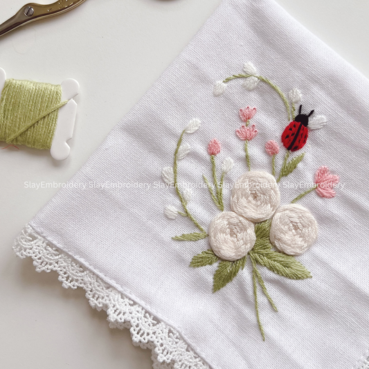 Flowers & Ladybug Wedding Handkerchief, Custom Embroidered Handkerchief, Linen Handkerchiefs