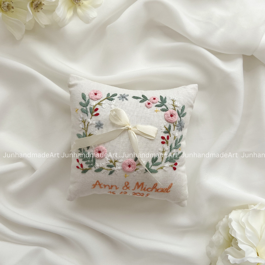 Dreamy Flowers Bearer Pillow Linen Wedding Cushion Hand Embroidery Ring Holder Floral Ring Pillow Wedding Gift