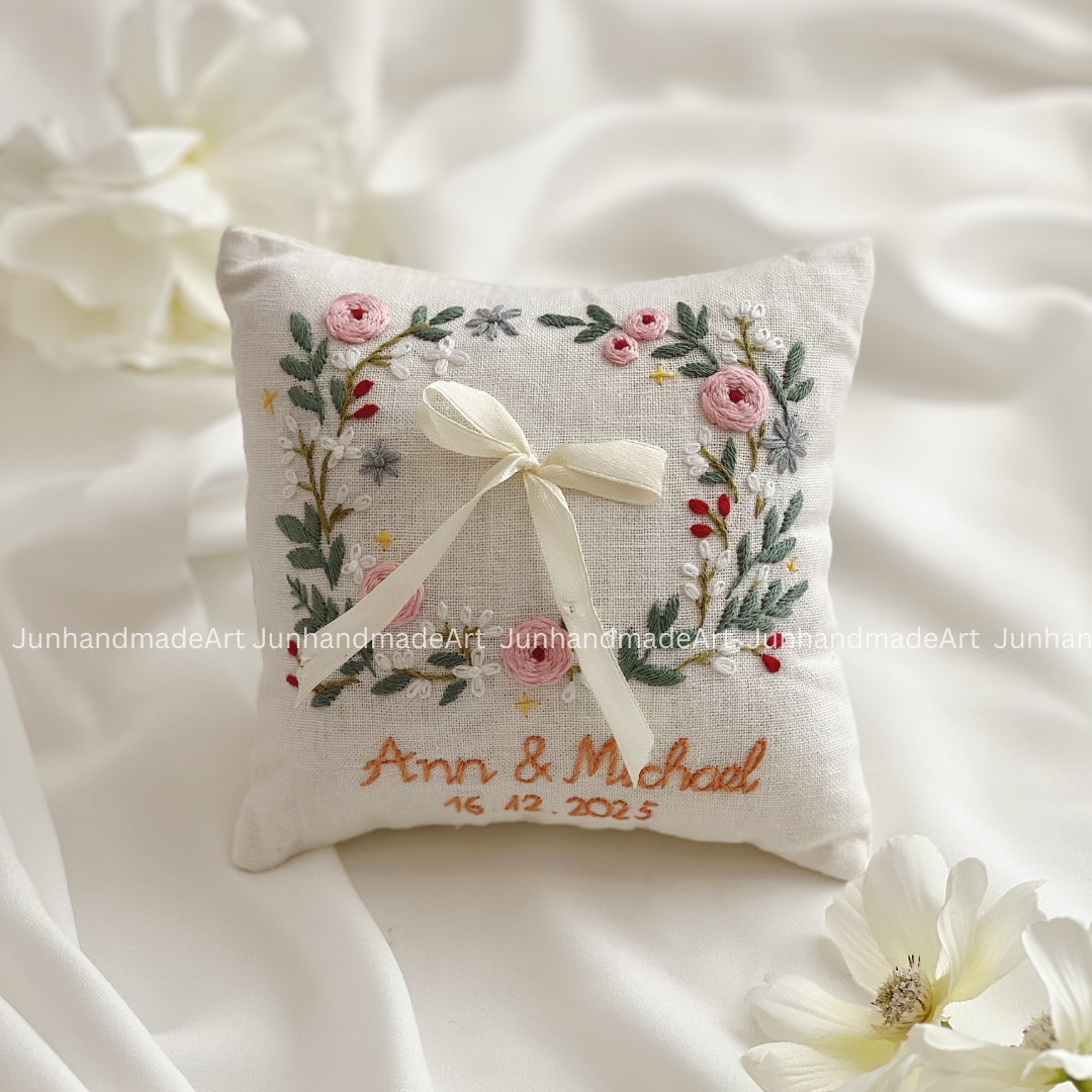 Dreamy Flowers Bearer Pillow Linen Wedding Cushion Hand Embroidery Ring Holder Floral Ring Pillow Wedding Gift
