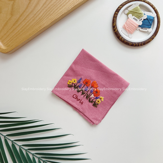 Whispers Of Poppy Wedding Handkerchief, Custom Embroidered Handkerchief
