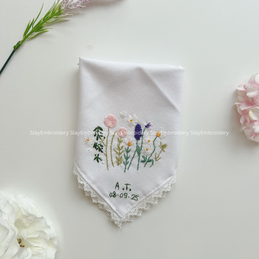 Pastel Field Wedding Handkerchief, Custom Embroidered Handkerchief, Linen Handkerchiefs