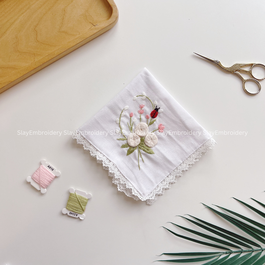 Flowers & Ladybug Wedding Handkerchief, Custom Embroidered Handkerchief, Linen Handkerchiefs