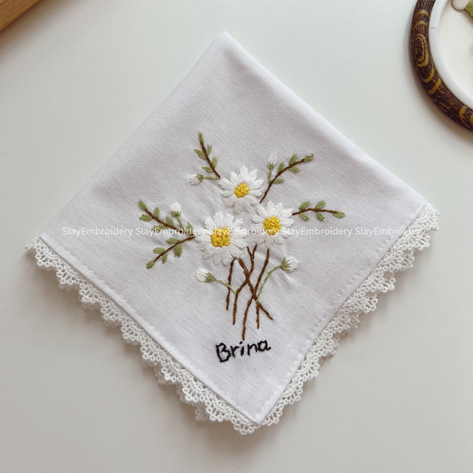 Daisy Whisper Wedding Handkerchief, Custom Embroidered Handkerchief, Linen Handkerchiefs