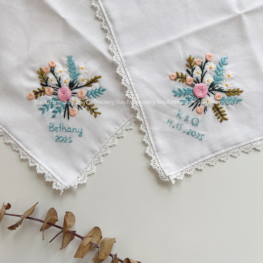 Soft Bloom Wedding Handkerchief, Custom Embroidered Handkerchief, Linen Handkerchiefs