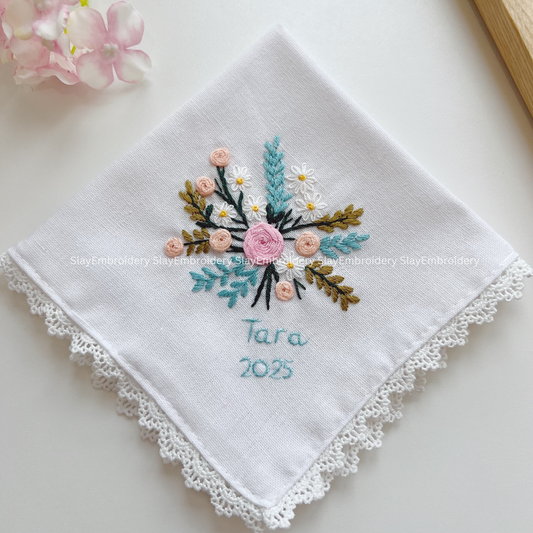 Soft Bloom Wedding Handkerchief, Custom Embroidered Handkerchief, Linen Handkerchiefs