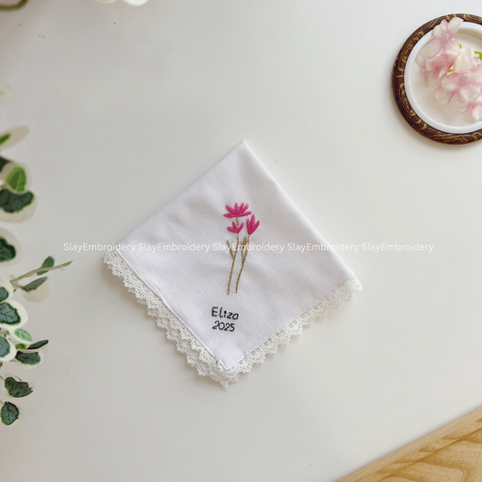 Pink Flame Wedding Handkerchief, Custom Embroidered Handkerchief, Linen Handkerchiefs