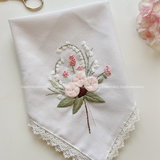 Rose Blooming Wedding Handkerchief, Custom Embroidered Handkerchief, Linen Handkerchiefs