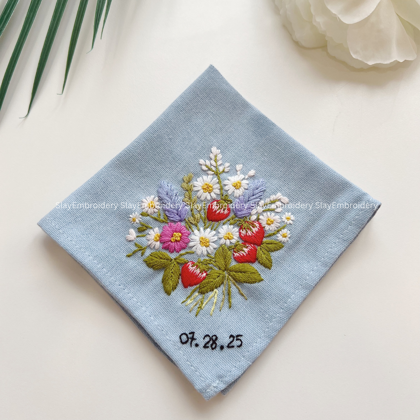 Wildflower Mix Wedding Handkerchief, Custom Embroidered Handkerchief